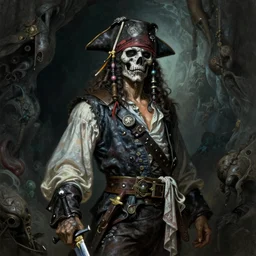ghostly decomposing male pirate, head and torso, standing in a grotto holding a sword, intricate, elegant, highly detailed, digital painting, artstation, concept art, smooth, sharp focus uhd 8 k, art by artgerm and greg rutkowski and alphonse mucha ”