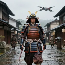 keanue reeves wearing samurai armor walks in a street in a japanese village from 19th century in a star wars style, a x-wing is flying in the sky, rainy day, highly detailed, very highly detailed, 4k, photorealistic