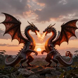 Two dragons intertwined with one another breathing fire, masterpiece, 4k render, sunset, forest, incredible detail, cloudy, beautiful