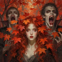 girl with with hair becoming autumn red leaves trees, vampires with open mouth & bloody fangs, intricate, dreamy, digital painting, artstation, concept arti, unreal engine 5, 8 k, art by artgerm and greg rutkowski and alphonse mucha