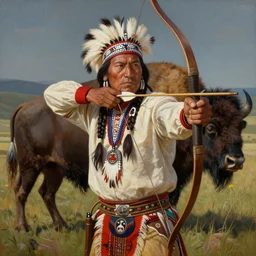 a highly detailed matte portrait painting of an american native apache with his bow drawn at a bison, 1 8 7 5, in the style of greg rutkowski and remedios varo, ultra realistic, detailed, intricate, full of color, 4 k, hyperrealistic, focused, extreme details, masterpiece