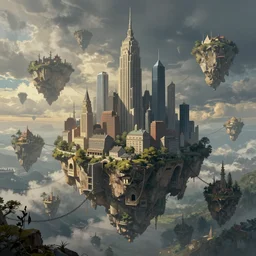 cities on floating islands in the sky, islands connected by chains, breathtaking concept art, digital art, detailed, by thomas kinkade