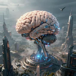 cult of technology, exterior, scifi, machines, artificial intelligence!!, ultra realistic!!!, highly detailed, brain in a vat!!, futuristic landscape, industrial, city, utopian architecture, birds eye view, atmosphere, masterpiece, epic lighting, glow, mysterious, cinematic, art by patryk olkiewicz and chris ostrowski