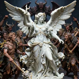 high intricate porcelain baroque angelic warrior fighting the army of the demon lord, 8 k, perfect face, deep focus, hyperrealistic hyperdetailed maria panfilova, andrea savchenko, mike kime, ludovic plouffe, qi sheng luo, oliver cook, trending on artstation
