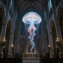 terrifying glowing jellyfish with long tangled tentacles entering through a tear in reality into an ornate rococo cathedral