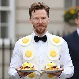 benedict cumberbatch dressed as eggs benedict, wearing eggs benedict costume