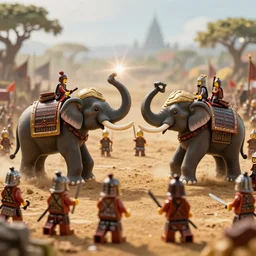 tai warriors and khmer warriors battlefield with elephant duel, in the lego movie, movie still, cinematic lighting, ray tracing, octane render, long lens, shallow depth of field, bokeh, anamorphic lens flare, wide angle view, 8 k, hyper detailed, 3 5 mm film grain - w 7 0 4