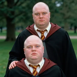 sharp, highly detailed, film still from a 2 0 0 2 comedy 8 k movie, clean - shaven chubby wizards appear in a park in 2 0 0 2, a short male wizard and a tall male wizard, wearing robes and neckties, atmospheric lighting, in focus, reflective eyes, 3 5 mm macro lens, live action, nice composition