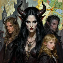 a highly detailed color illustration portrait of a fantasy demonic race with long black hair, dark moody eerie castle setting, planescape, art by frank frazetta, tim hildebrandt, gerald brom, greg rutkowski
