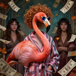 portrait, anthropomorphic flamingo, striped bathrobe, curly hair, electric sunglasses, surrounded by floating autumn dollar bills, fantasy, detailed, intricate, luminescent, elegant, coherent, by mandy jurgens, hannah yata and kay sage, donato giancola, detailed, artstation, cinematic lighting, artdeco, art deco outrun aesthetic