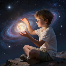 a boy sitting on his own and playing with the universe