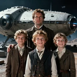 extremely sharply detailed, scan from blockbuster 9 6 k sci fi color movie freeze frame, set 1 8 6 0, family standing in front of crashed spaceship, on alien planet, looking happy, wearing 1 8 5 0 s era clothes, atmospheric lighting, in focus, reflective eyes, 9 9 9 9 9 mm lens, live action, nice composition and photography, clear facial details