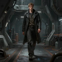 concept art by greg rutkowski, a very tall and slender young man, walking the engineering deck of the ship, futuristic, brutalist interior of a space colony, depressing atmosphere, low lighting, scifi, highly detailed portrait, digital painting, artstation, concept art, smooth, sharp foccus ilustration, artstation hq