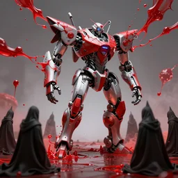 robot 9 0 0 0 designed by yasushi nirasawa and hr giger, action shot wide angle lens, red fluid everywhere, druids kneeling on ground with black pointy hoods, - 9 6 0