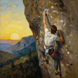 An abstract oil painting of rock climbing by Sandro Botticelli, sunrise, scenic