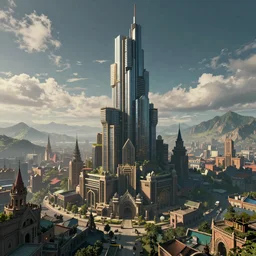 cyberpunk-style skyscraper in a medieval city, ultrarealistic, HD, digital art