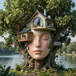 centered detailed portrait of a futuristic home in a tree by the lake, sharp focus on the environment, final fantasy, details, intricate, octane render, smooth face, illustration, hyperrealistic, by wlop and dmitry prozorov, artgerm, artstation,