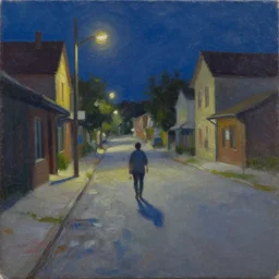 walking home at night through the empty streets of a small town, 8 k, impasto paint, oil on canvas,
