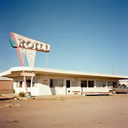 a kodachrome photograph of a rundown motel in truth or consequences, new mexico, 1 9 6 6, atomic age aesthetic