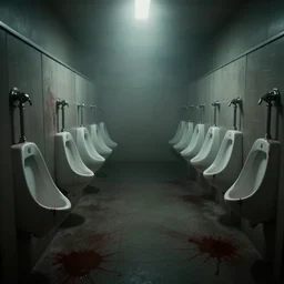 public men's restroom with infinite rows of urinals, dark low lighting, scary, creepy, blood splattered, dream like, foggy, 8 k, 1 5 0 mp,