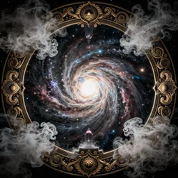 circular psychedelic mandala border with curly designs, transcendent puffs of smoke, space, vortex, supernova, nebulae, pillars of creation, high contrast lighting, highly detailed, concept art, art by collier, albert aublet, krenz cushart, artem demura, alphonse mucha
