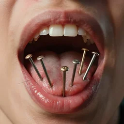 photorealistic detailed image of wood nails in a tongue, intricate artwork by tooth wu and wlop and beeple. octane render, trending on artstation, greg rutkowski. cinematic, hyper realism, octane render, 8 k