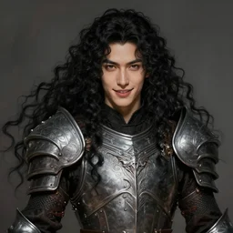 portrait of a gorgeous male warrior, looking at camera, D&D, aesthetic armor, very long flowing curly black hair, intricate, elegant, stylish, cute slightly nerdy smile, mouth slightly open, fantasy, extremely detailed, digital painting, artstation, concept art, smooth, sharp focus, illustration, stunning lighting, art by artgerm and greg rutkowski and alphonse mucha and simon stalenhag