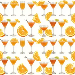 cocktails and orange slices organized in a seamless repeating pattern of cocktails and orange slices, colourful, symmetrical, repeating 3 5 mm photography, in the style of toiletpaper magazine, surreal, high detail, photograph by slim aarons, wes anderson,