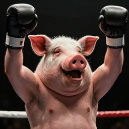 Live Action Still Pig Man As Boxer with his hands raised in victory, real life, hyperrealistic, ultra realistic, realistic, highly detailed, epic, HD quality, 8k resolution, body and headshot, film still,Exquisite detail, post-processing, masterpiece, Cinematic Lighting, Unreal Engine, 8k, HD