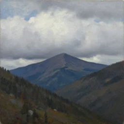 a schizophrenic mountain landscape's cloudy sky, by ross tran, oil on canvas