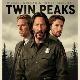 Twin Peaks poster artwork by Michael Whelan and Tomer Hanuka, Rendering of Keanu Reeves the local sherif in Twin Peaks and Joe Rogan the lumberjack, full of details, by Makoto Shinkai and thomas kinkade, Matte painting, trending on artstation and unreal engine