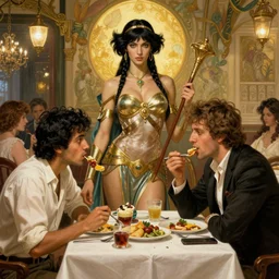 xena warrior princess eating at a restaurant with a hispanic man art by artgerm and greg rutkowski and alphonse mucha