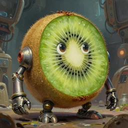 semi reallistic gouache gesture painting, by yoshitaka amano, by ruan jia, by Conrad roset, by dofus online artists, detailed anime 3d render kiwi fruit  alien monster, kiwi fruit   terrible alien monster, antrophomorfic kiwi fruit  ,  portrait, cgsociety, artstation, rococo mechanical, Digital reality, sf5 ink style, dieselpunk atmosphere, gesture  drawn