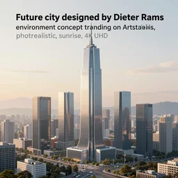 “Future city designed by Dieter Rams environment concept trending on Artstation, photorealistic, sunrise, 4k UHD”