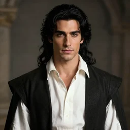 a portrait of a male version of esmeralda from hunchback of notre dame, black elegant hair, white shirt, elegant clothing, handsome, medieval garb, style by donato giancola, wayne reynolds, jeff easley dramatic light, high detail, cinematic lighting, artstation, dungeons and dragons
