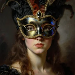 a baroque neoclassicist close - up portrait of a beautiful female alien gazing intensely wearing an iridescent uv blacklight retrofuturistic venetian carnival mask at a masquerade, foggy background. renaissance portrait painting. highly detailed science fiction painting by norman rockwell, frank frazetta, and syd mead. rich colors, high contrast, gloomy atmosphere, dark background. trending on artstation
