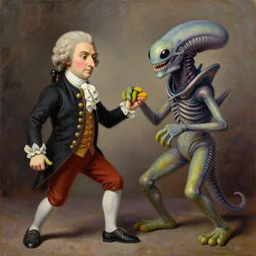 “high quality oil painting of Mozart and xenomorph performing a duet for the muppets”
