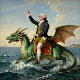 A revolutionary era painting of George Washington riding a dragon over the Atlantic Ocean