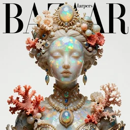 a sculpture made of opal and coral, portrait, queen, future, harper's bazaar, vogue, magazine, insanely detailed and intricate, concept art, ornate, luxury, elite, elegant, trending on artstation, by Ruan Jia, Kenneth Willardt, Ross Tran, WLOP, Andrei Riabovitchev.
