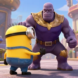 film still of a minion fighting Thanos
