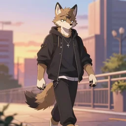 key anime visual of a handsome male anthro wolf furry fursona wearing an edgy outfit as he walks outdoors in a city at sunset, official modern anime scene