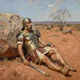 roman legionary from 5 0 ad rests beside a boulder in the australian outback, oil painting, realistic, masterpiece, artstation, pinterest, historical