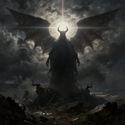 lens flare dark silhouetted baphomet overseer of the apocalypse by Gerald Brom Greg Ritkowski Ross Tran Jordan Grimmer Ilya Repin