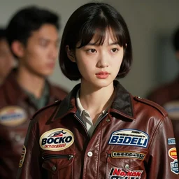 beautiful three point perspective extreme closeup 3 / 4 portrait photo in chiaroscuro style 1 9 7 0 s frontiers in flight leather suit made of sewn together motor racing logos cosplay fashion, roger deakins, ektachrome, 3 5 mm, highly detailed : incredibly realistic, youthful asian demure, perfect features, feminine cut,