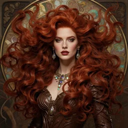 song of the hurricane, detailed redhead beauty portrait, chocolate, wax, billowing, opulent swirling hair, swirling seaweed, iridescent jewellery, armour, organic background, art by wlop, peter morebacher, greg rutkowski, craig mullins, ruan jia, thomas kinkade, victor ngai, ernst haeckel, alphonse mucha, unreal engine, blender, octane