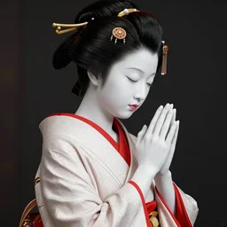 maiko praying, fluent composition, red white and black, concept art, ambient light, 4 k, intricate details, highly professionally detailed, cgsociety, highly detailed -