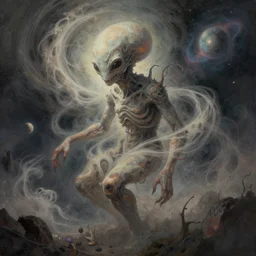 a shapeless extraterrestrial booteans made of space and time, weaving dust of predetermination and a state of utter confusion across the universe, muted colors, fantasy illustration, digital art