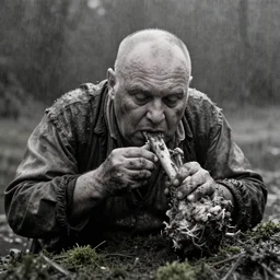 movie still by tarkovsky close - up of 1 giant obese old bald man with dirty clothes eating a leg of lamb in a swamp, mossy, by night, cinestill 8 0 0 t 3 5 mm b & w, heavy grain, high quality, noir, natural textures, photorealistic, ambient occlusion, hd, dof, mud, fog, heavy rain