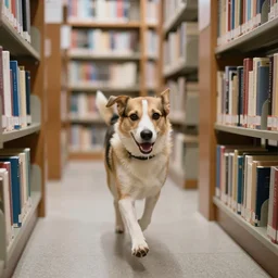 Running dog in a library, Sigma 24 mm f/8, 1/10 s shutter speed