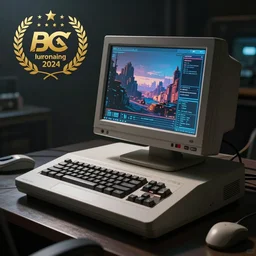 Concept art of a retro cyberpunk computer terminal